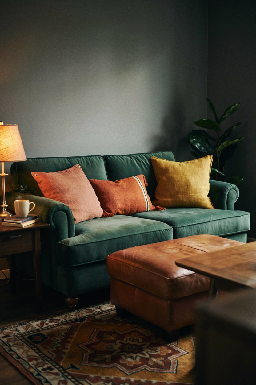 Dark Velvet Sofa Layered with Warm Throw Pillows