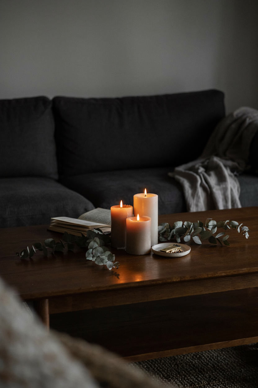 Dark Wood Coffee Table with Candlelit Centerpiece