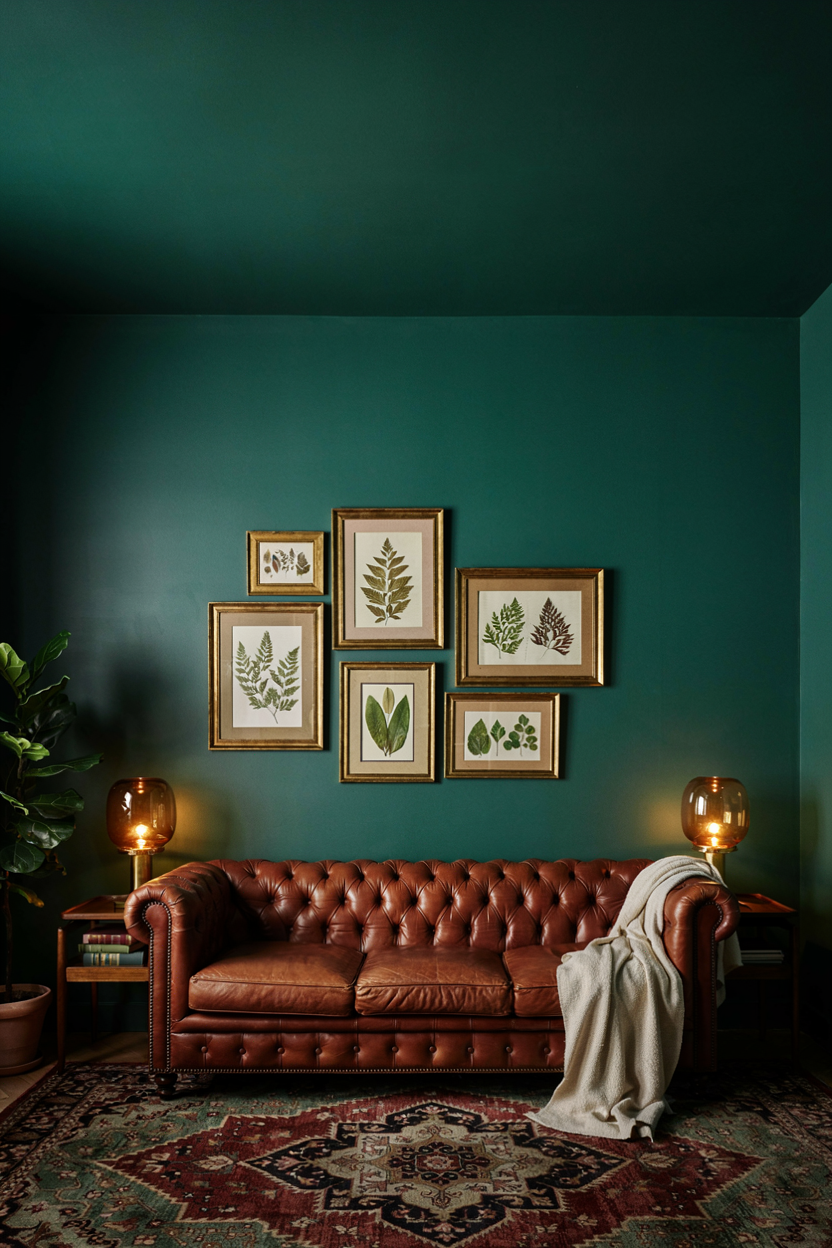 Deep Emerald Walls with Amber Table Lamps