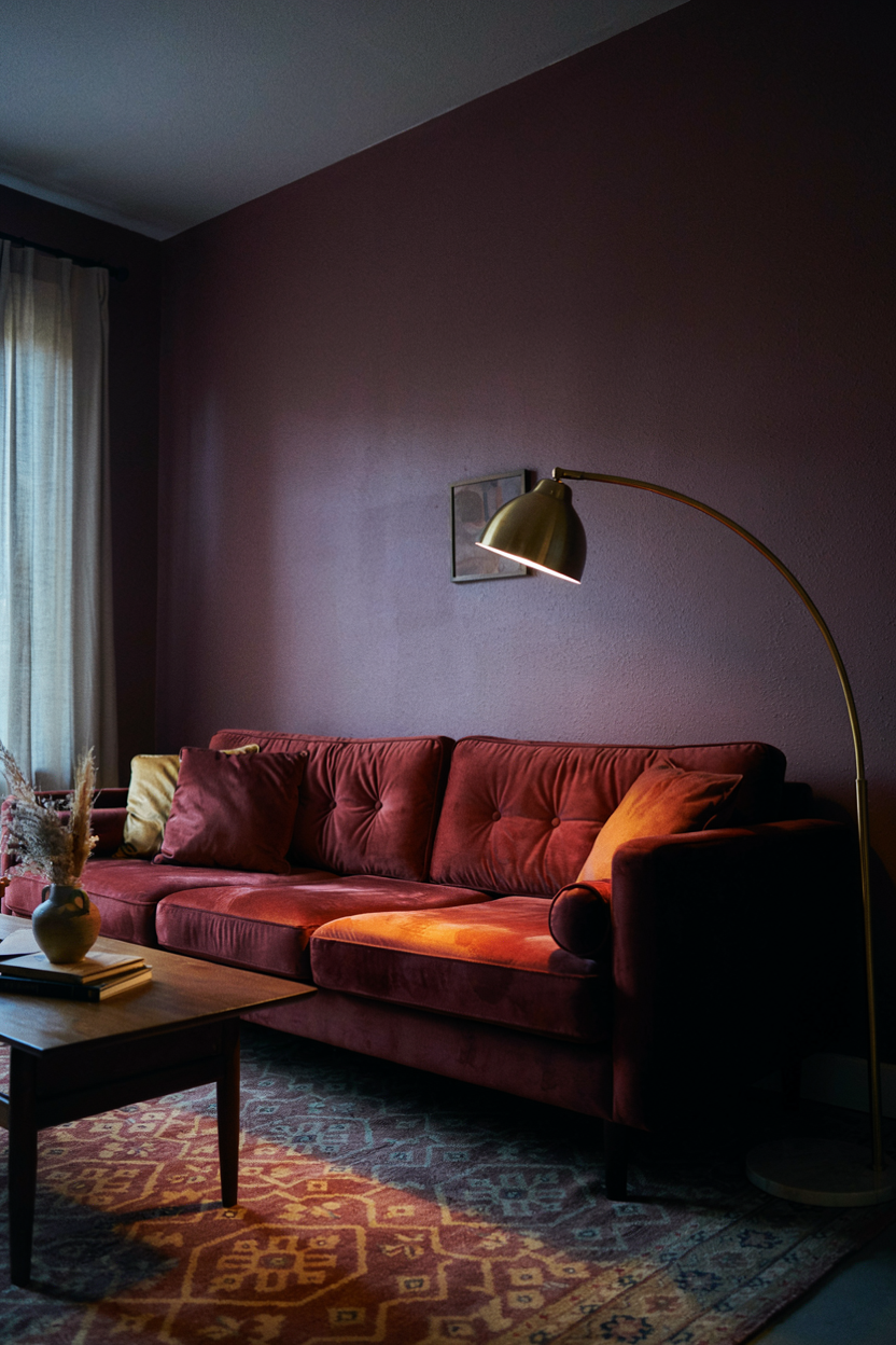 Deep Plum Walls with Golden Accent Lighting