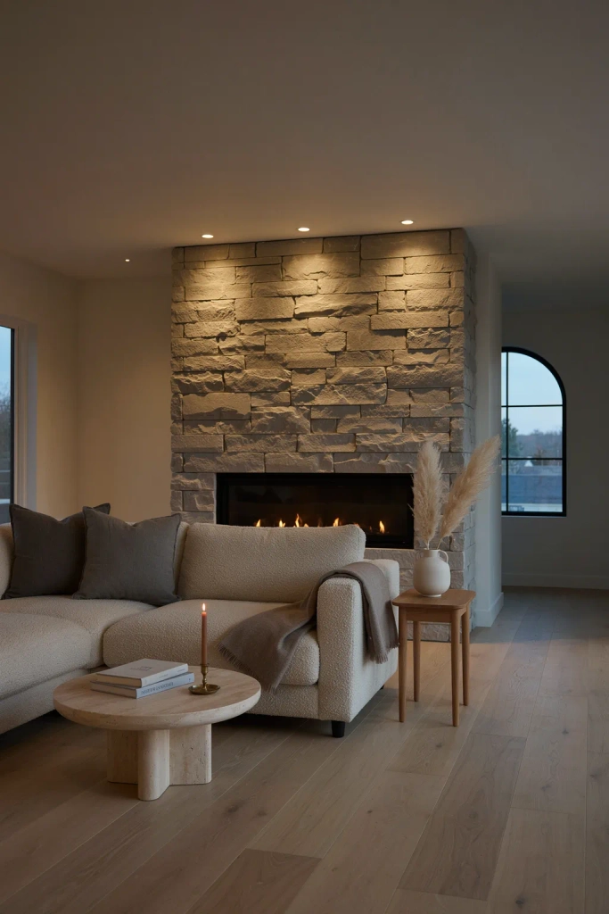 Dimmable Downlights Framing the Fireplace Surround