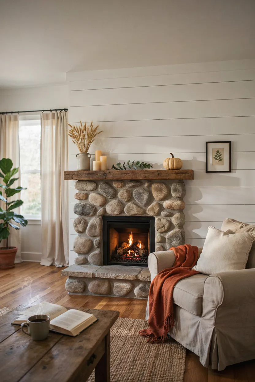  Farmhouse Style River Rock Fireplace