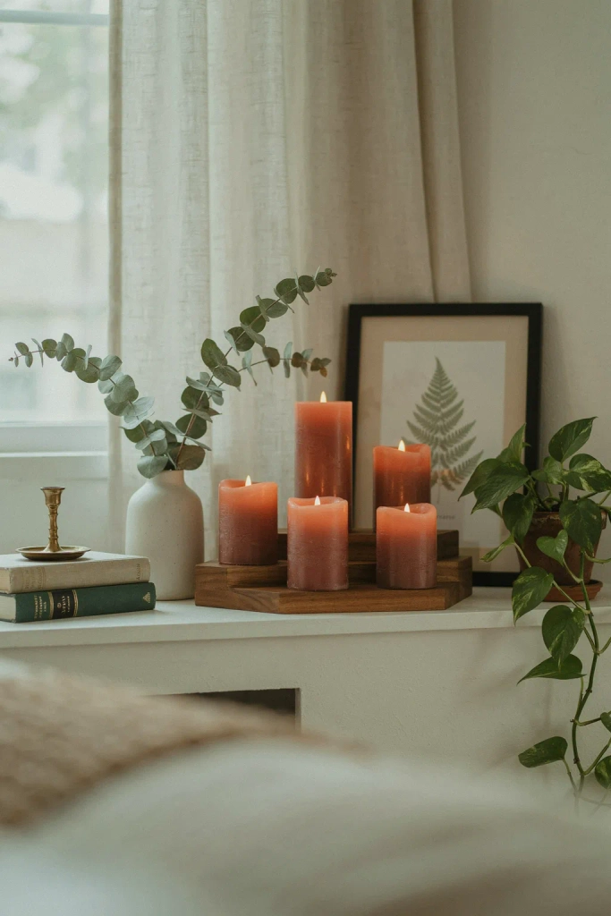 Flameless Candles in a Tiered Mantel Display
