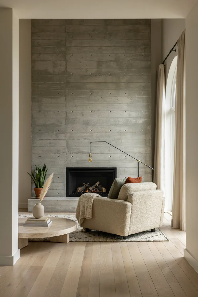 Floor-To-Ceiling Concrete Fireplace Wall