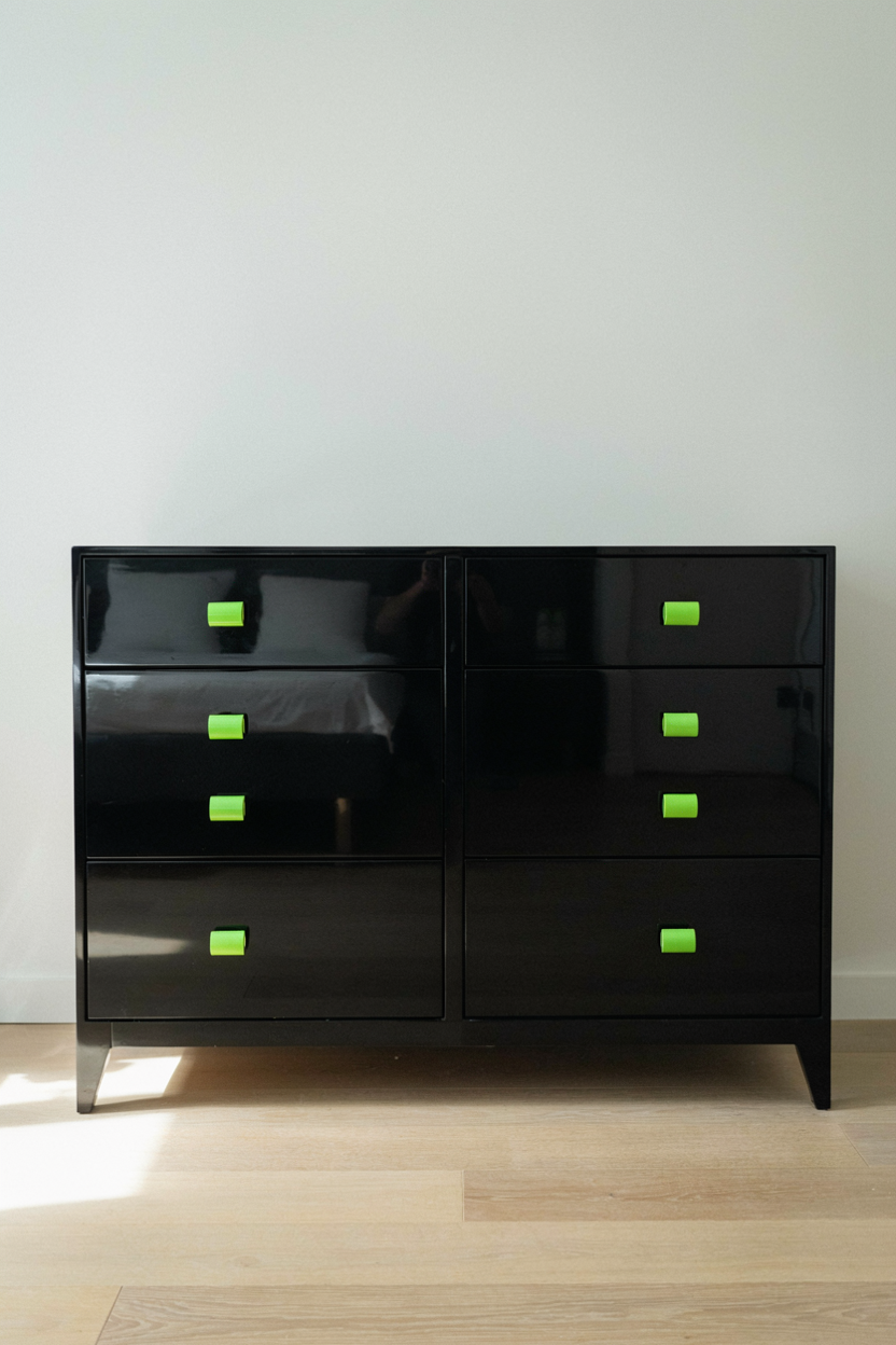 Glossy Lacquer Dresser with Bold Neon Hardware
