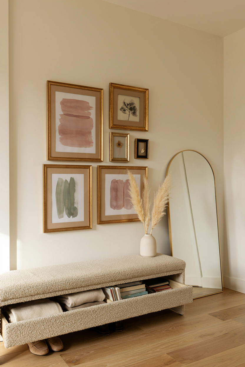 Gold-Framed Art Gallery Above a Storage Bench