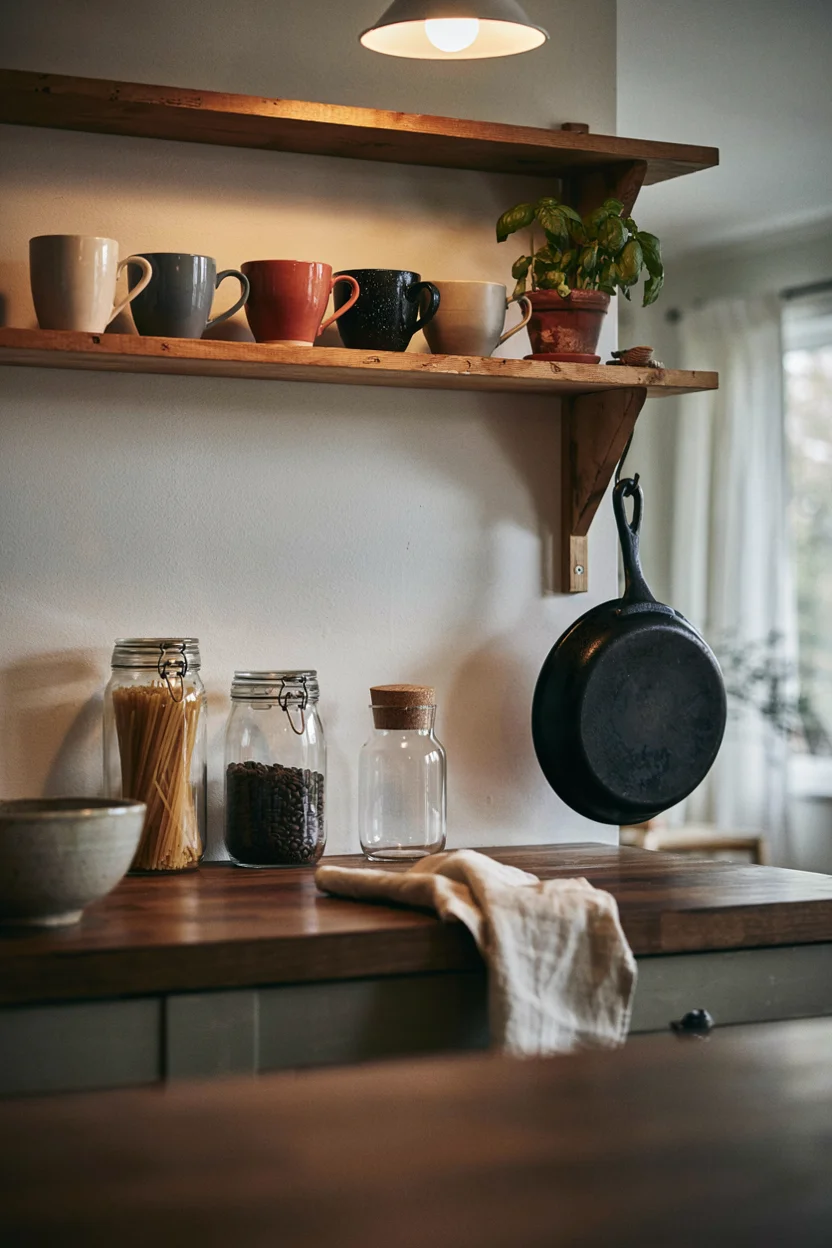 Grungy Kitchen Open Shelving Keeps Things Real