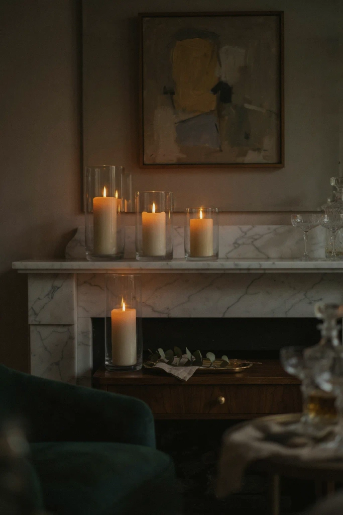 Hurricane Candle Holders on the Mantel Fireplace Lighting Ideas