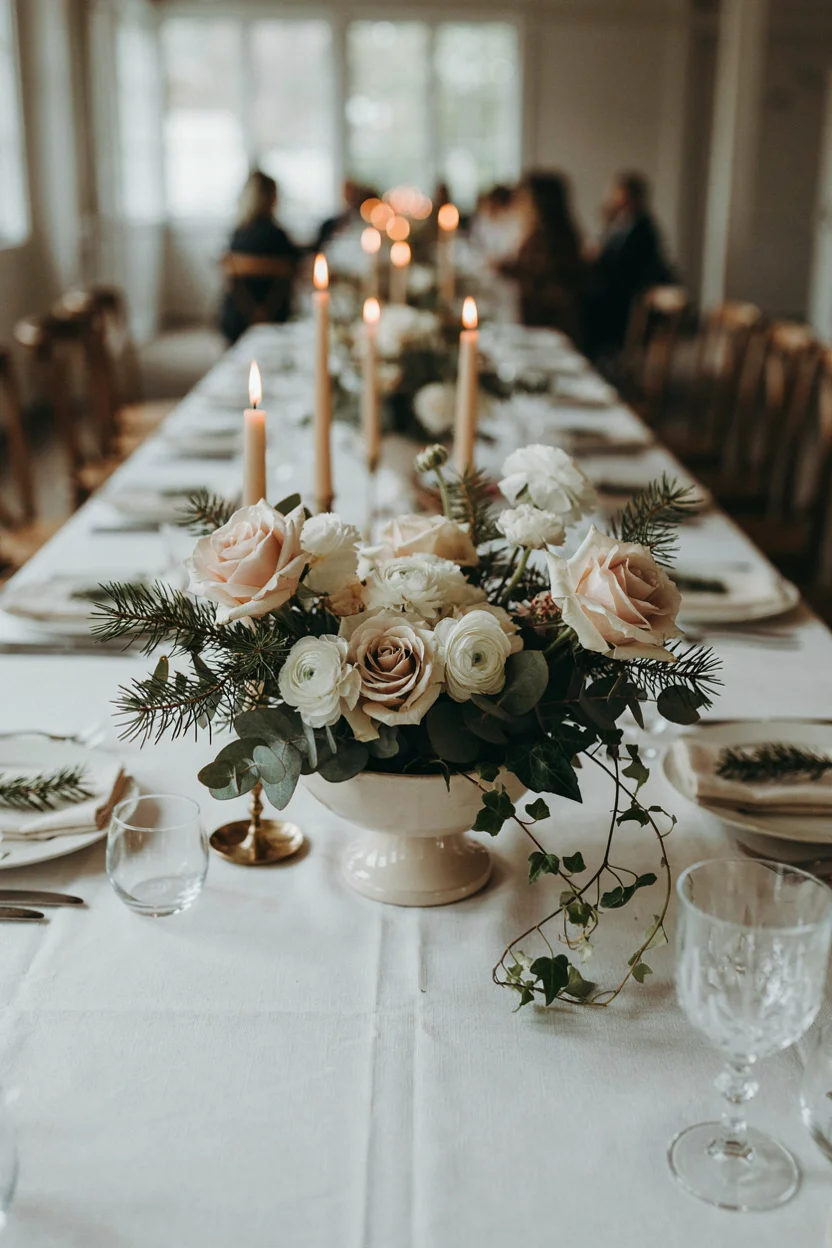 Ivory Rose and Pine Centerpiece