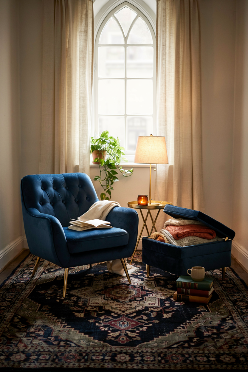 Jewel-Tone Velvet Chair with Hidden Ottoman Storage