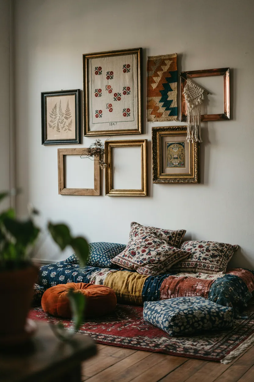 Layered Vintage Textile and Art Gallery Wall