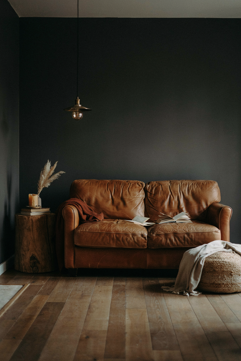 Leather Sofa Paired with Warm Wood Accents