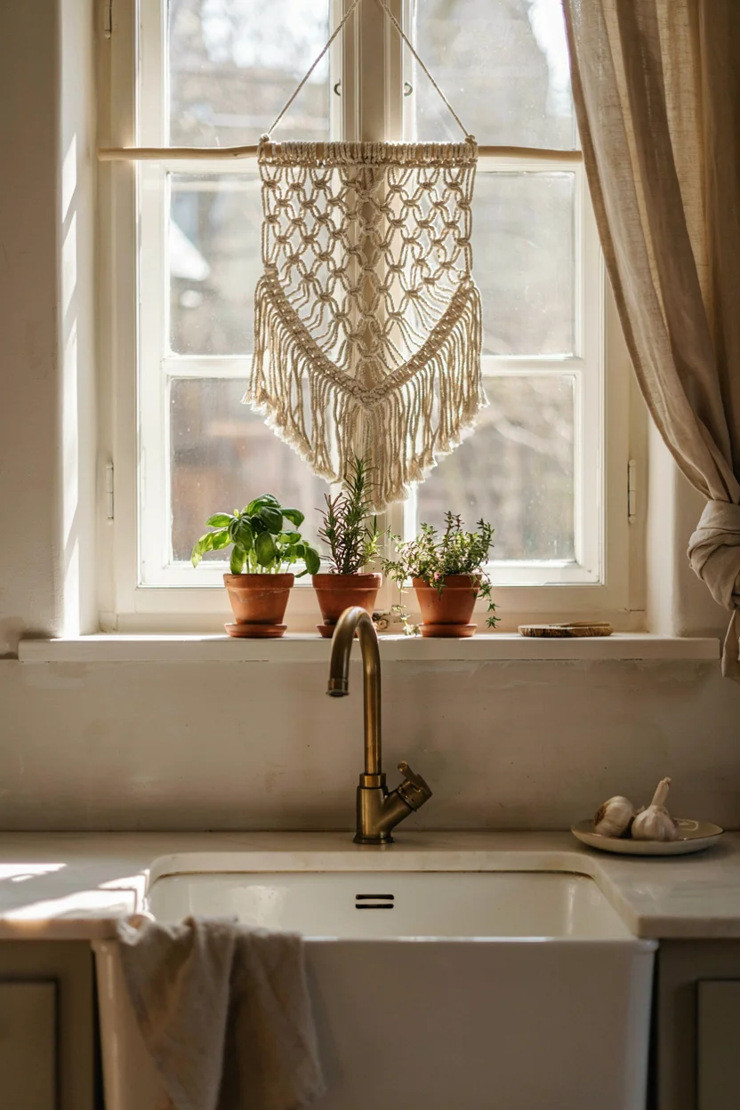 Macrame Wall Hangings Above the Sink