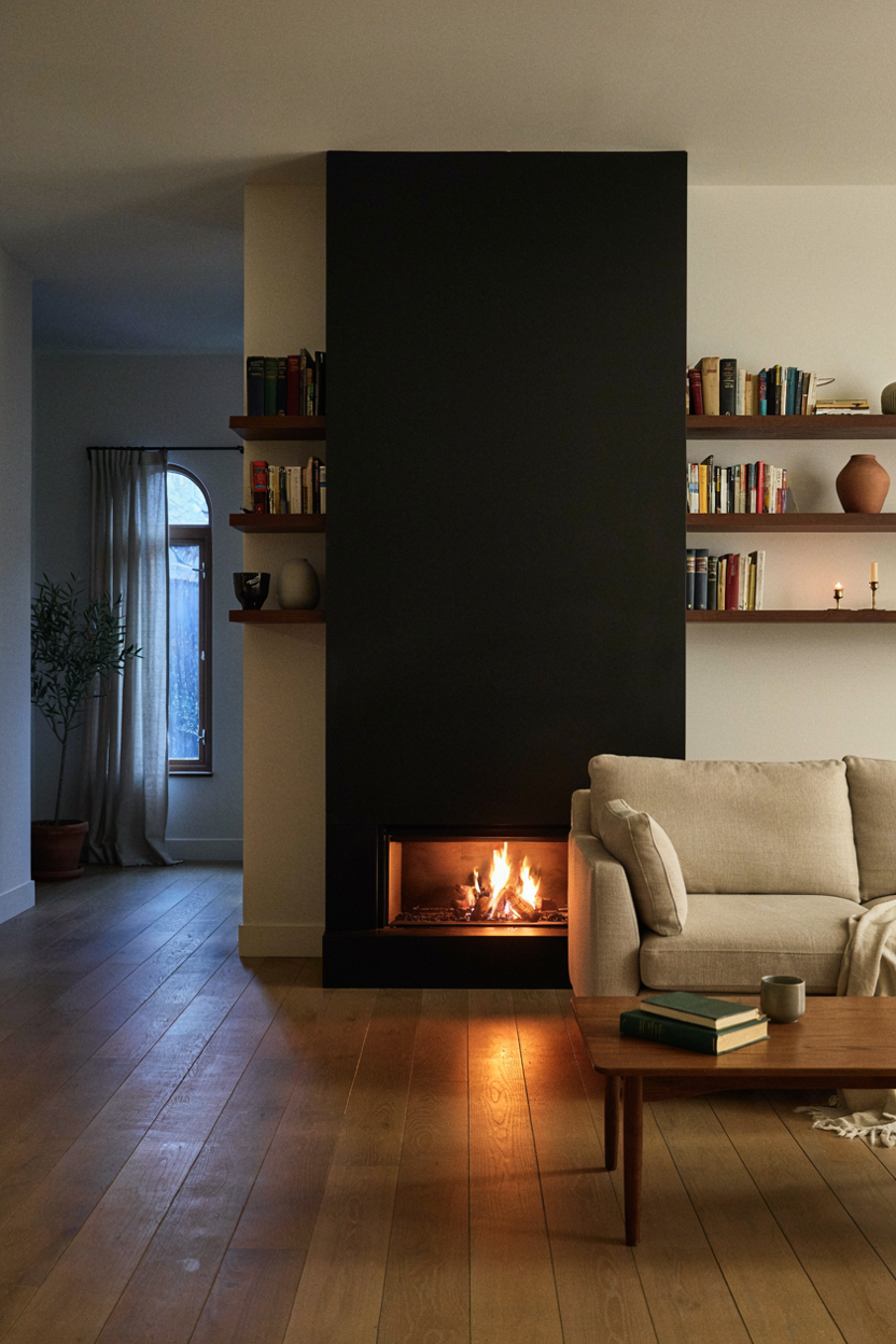 Matte Black Fireplace Surround with Firelight Glow