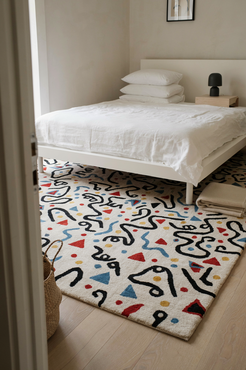 Memphis-Pattern Rug Grounded by Simple Furniture