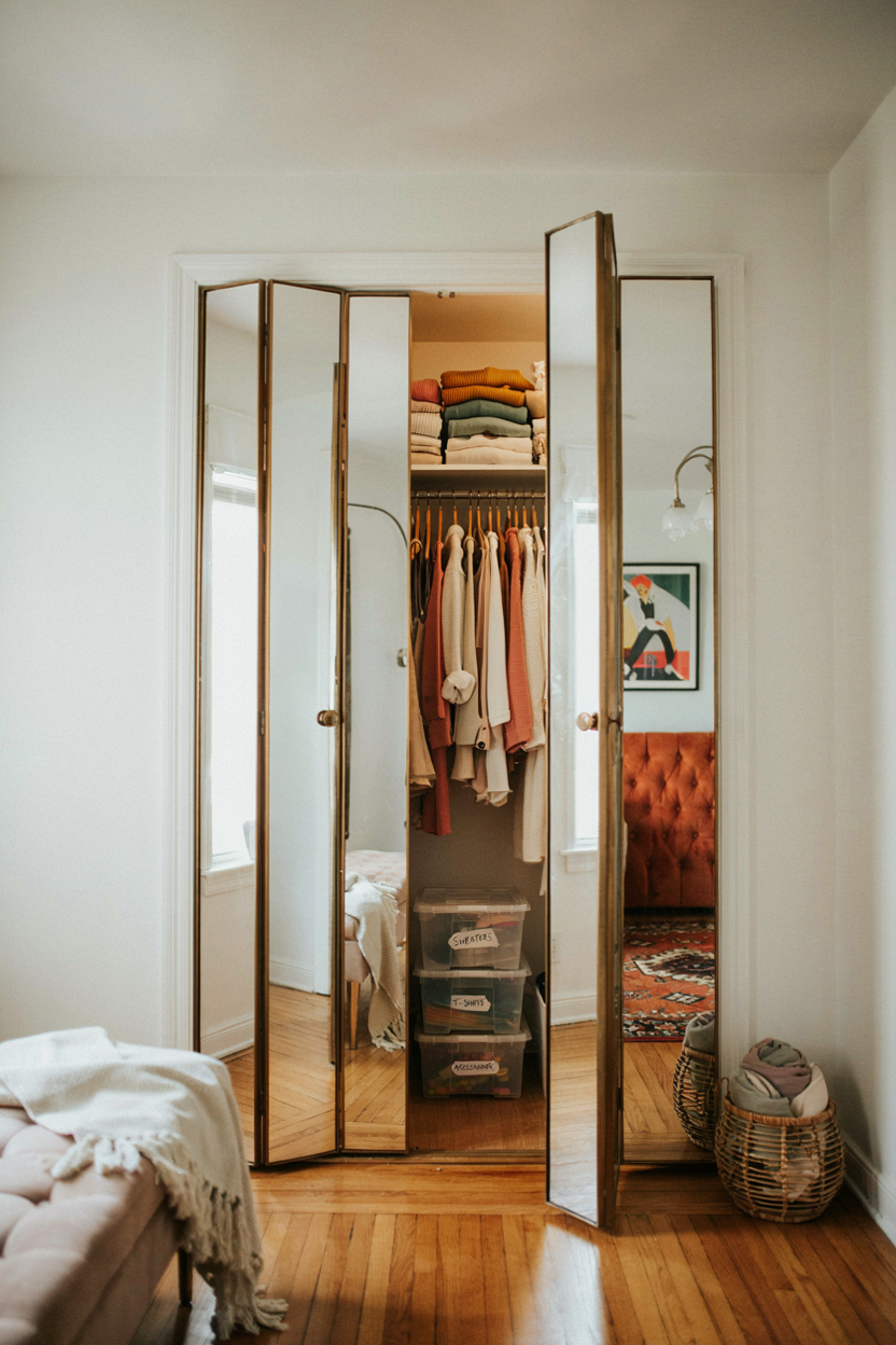 Mirrored Closet Doors with Organized Interior