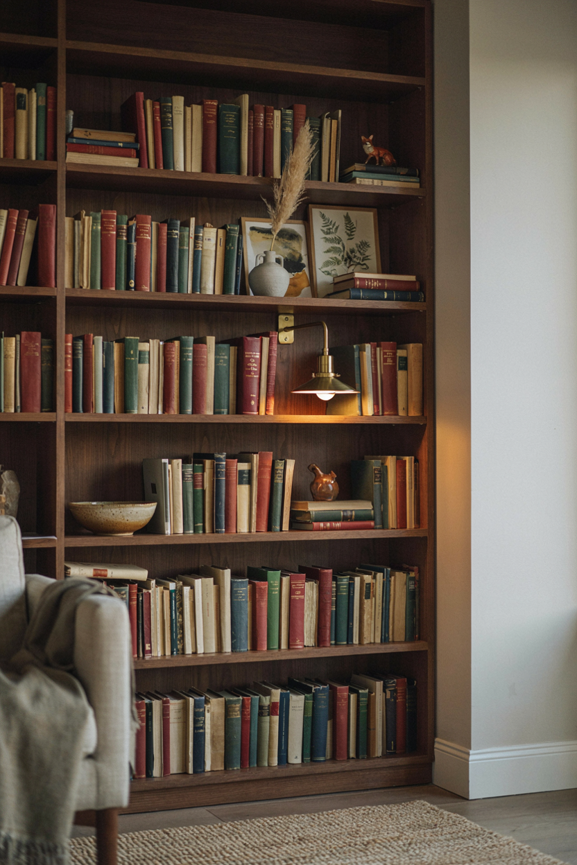 Moody Bookshelf Styled with Warm Sconce Lighting