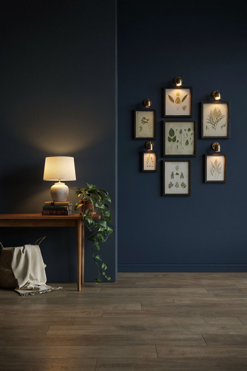 Moody Gallery Wall Lit by Picture Lights