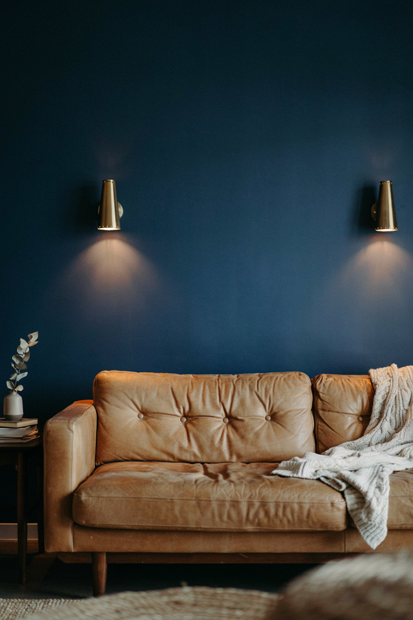 Navy Accent Wall with Brass Wall Sconces
