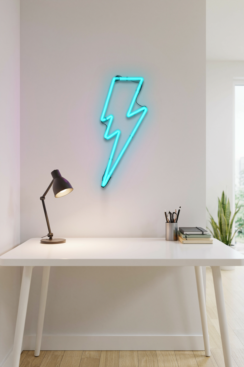 Neon Lightning Bolt Art Above a Tidy Desk