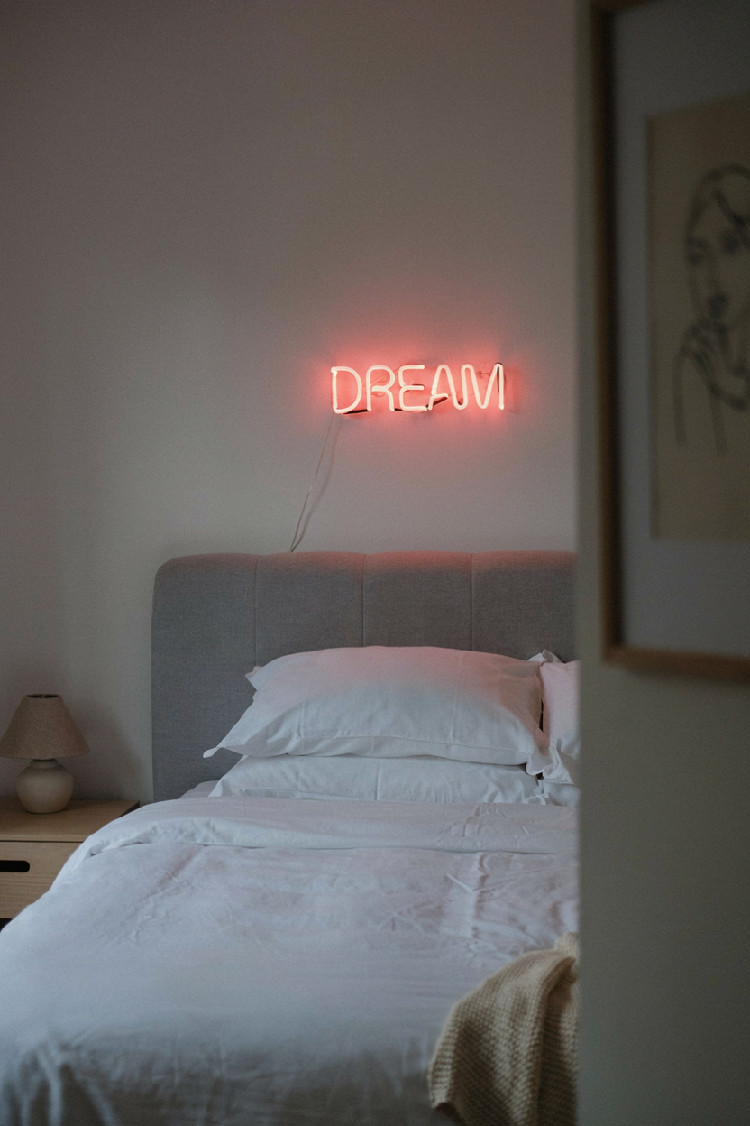 Neon Sign Wall Art Above a Streamlined Headboard