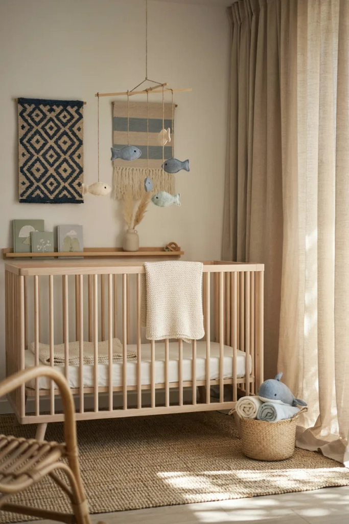 Ocean Nursery with Hanging Fish Mobile and Woven Accents