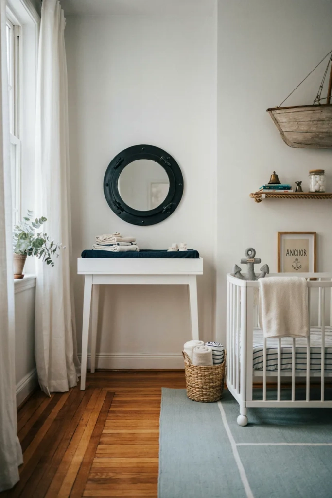 Ocean Nursery with Porthole-Style Mirror
