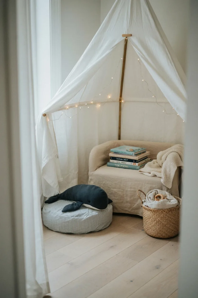 Ocean Nursery with a Reading Corner Under Sail-Shaped Canopy