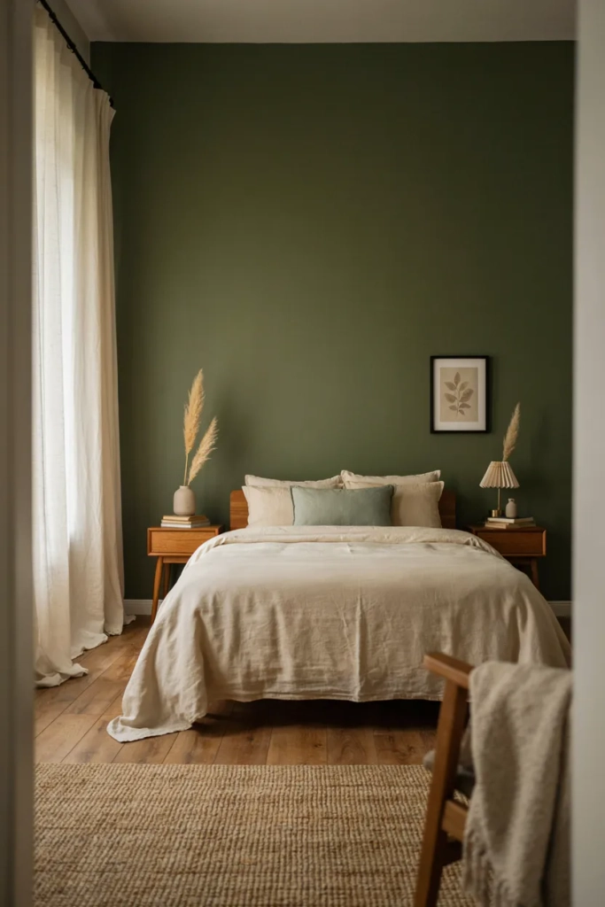 Olive Green Accent Wall with Neutral Bedding