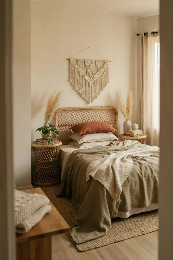 Olive Green Bedding with Rattan Furniture