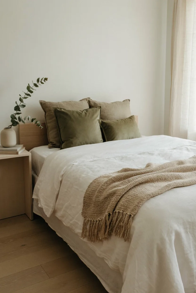 Olive Green Throw Pillows on Neutral Bed