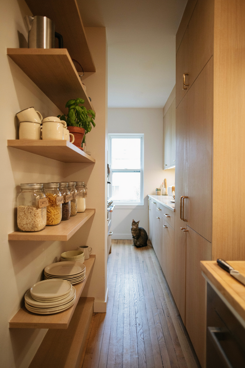 Open Shelving in a Small Galley Kitchen