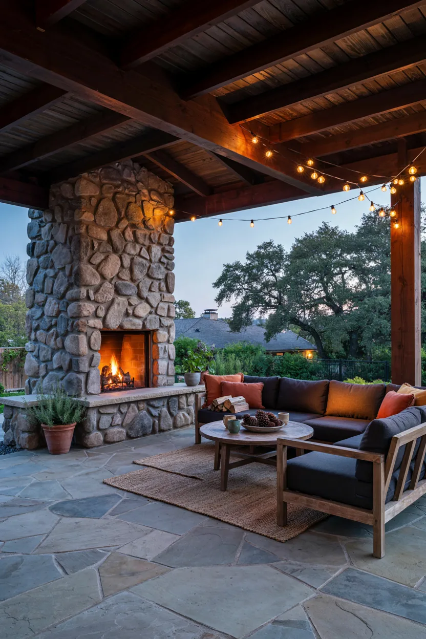 Outdoor Patio River Rock Fireplace