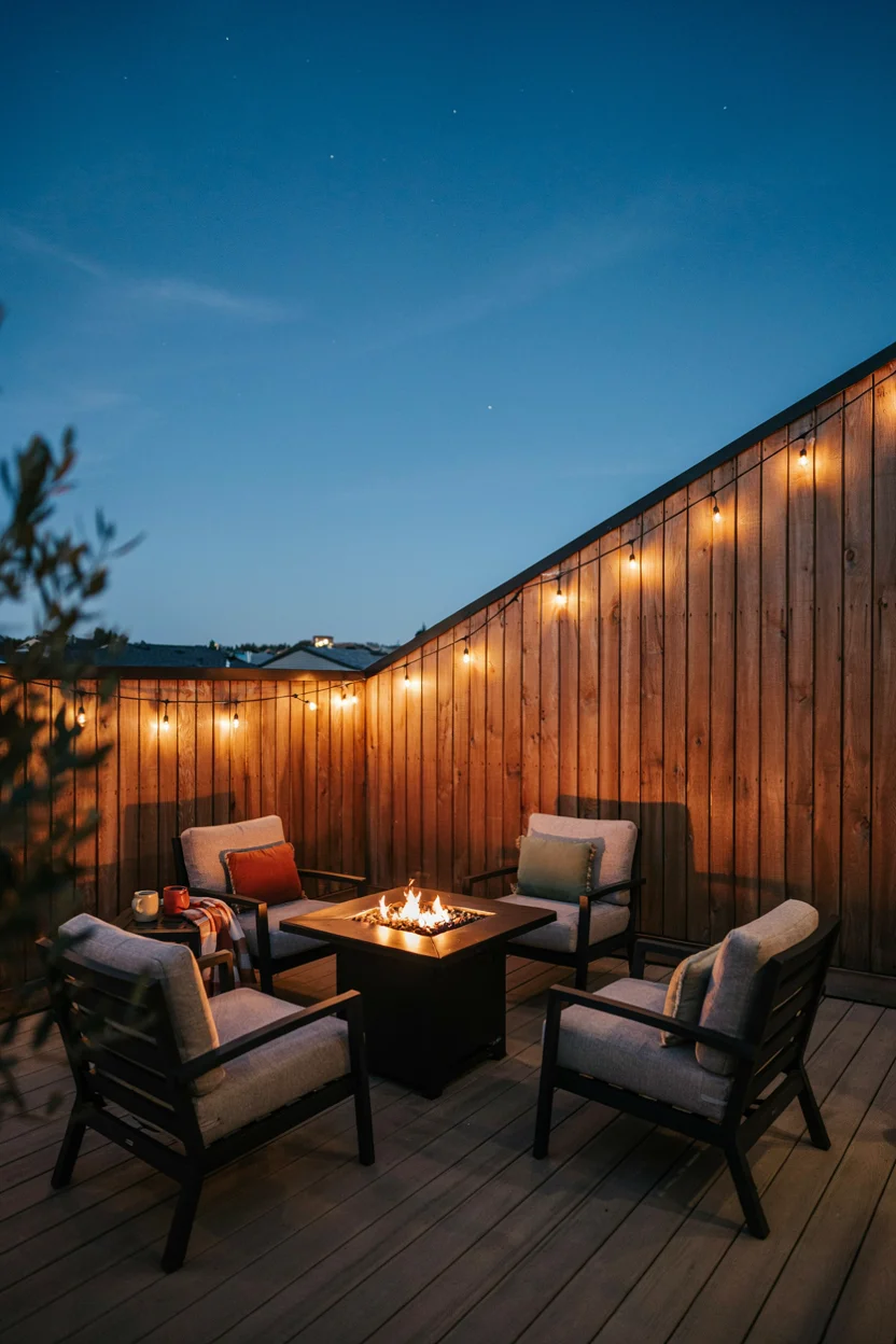 Outdoor Privacy Wall with String Lights