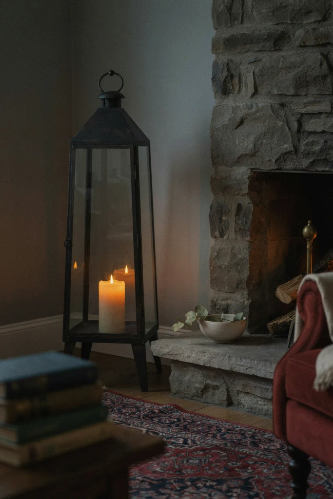Oversized Floor Lantern Beside the Hearth