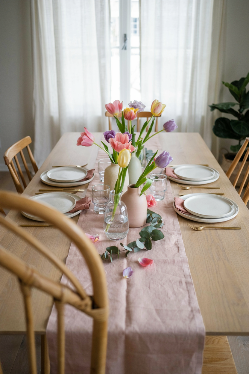 Pastel Table Runner with Fresh Tulips