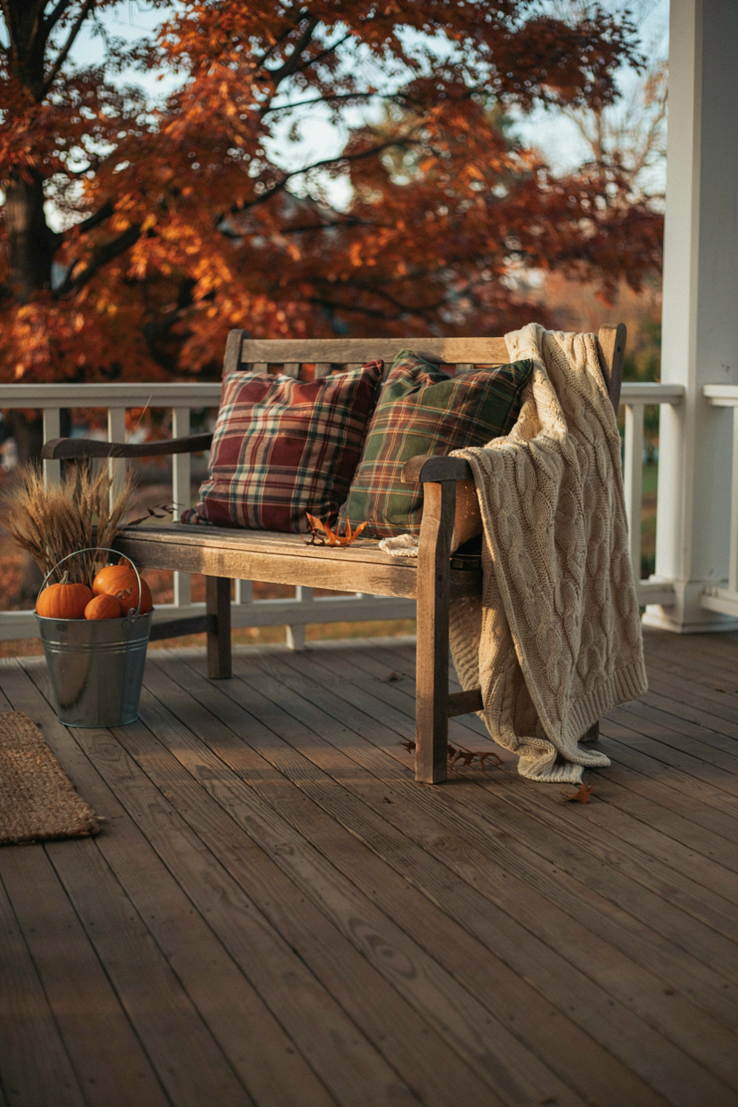  Plaid Throw Pillows on Porch Bench