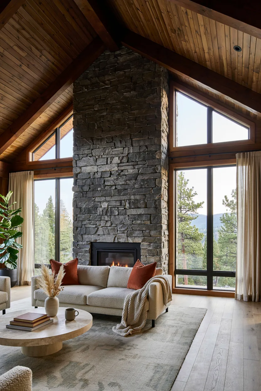 River Rock Fireplace in Living Room with Vaulted Ceiling