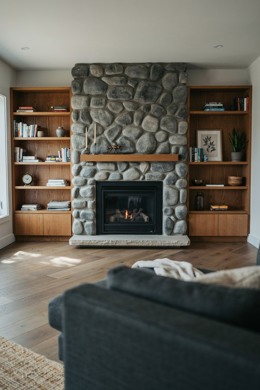 River Rock Fireplace with Built-In Shelving