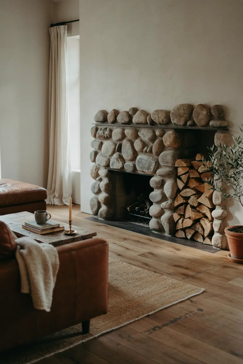 River Rock Fireplace with Built-In Wood Storage