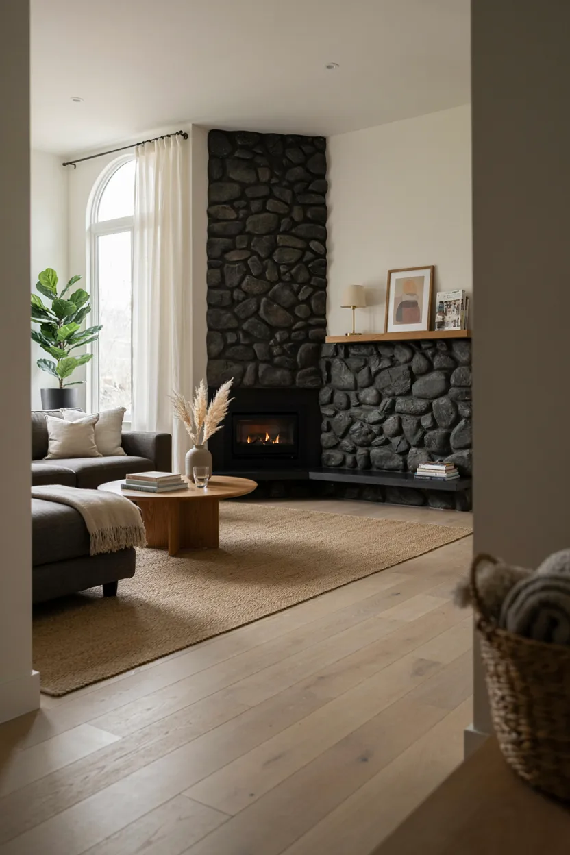 River Rock Fireplace with Corner Design  River Rock Fireplace Ideas 