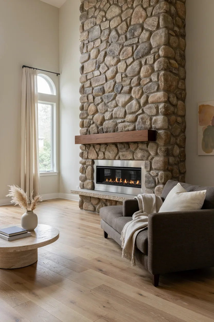 River Rock Fireplace with Floating Mantel