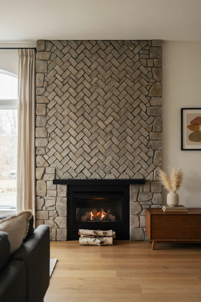 River Rock Fireplace with Herringbone Pattern