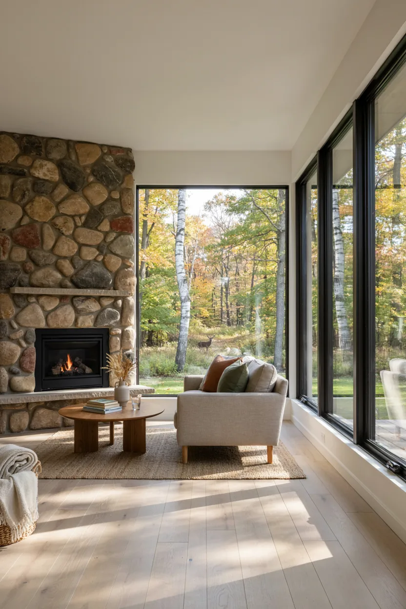 River Rock Fireplace with Large Picture Window