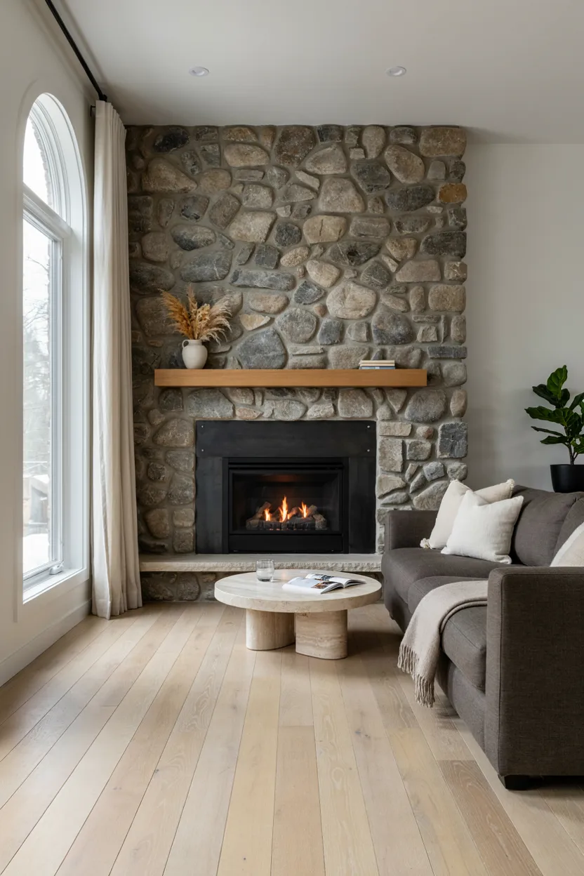 River Rock Fireplace with Metal Accents