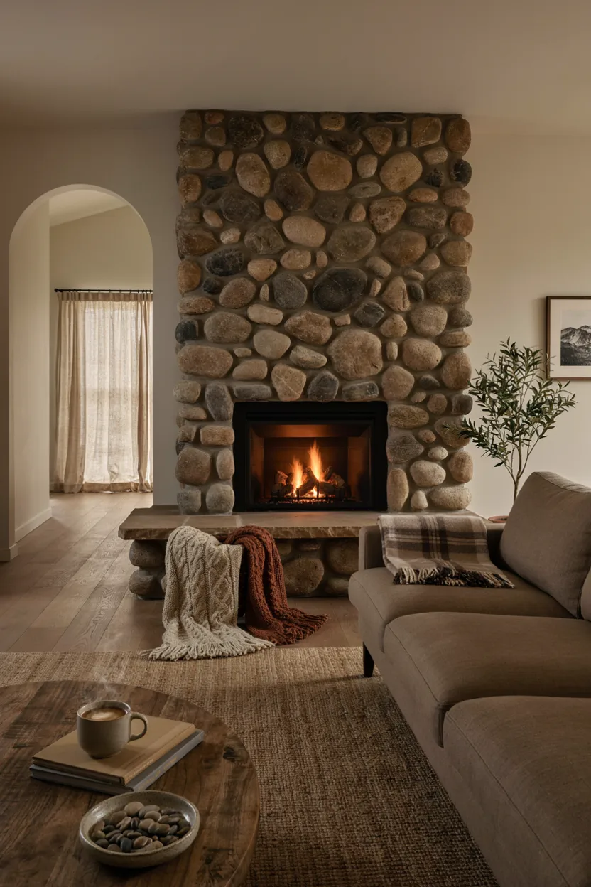 River Rock Fireplace with Stacked Stone Hearth