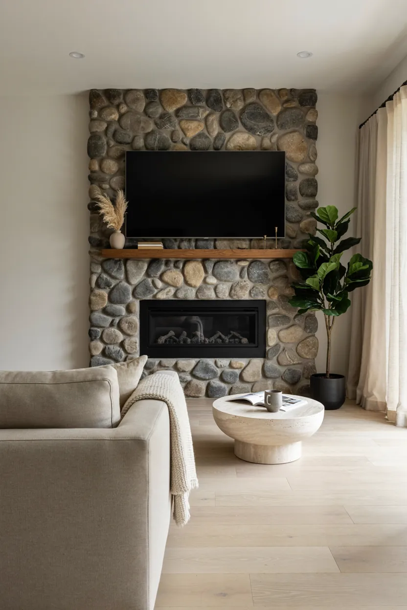 River Rock Fireplace with TV Mounted Above