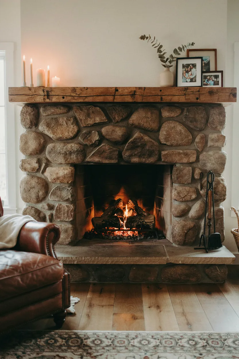 River Rock with Wood Mantel