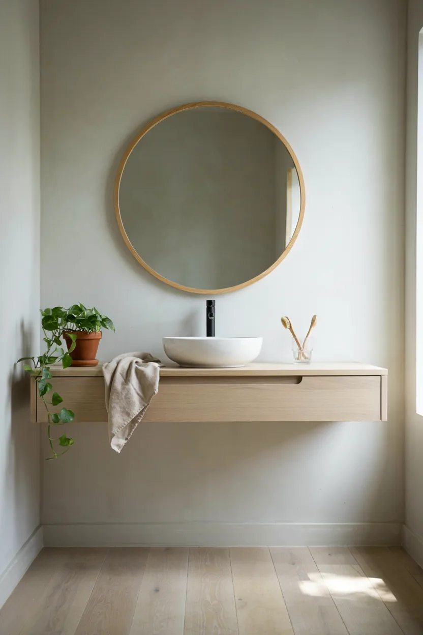 Round Wood-Framed Mirror