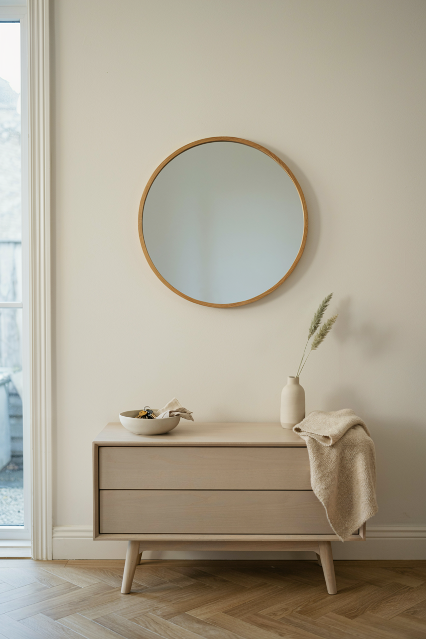 Round Wood-Framed Mirror